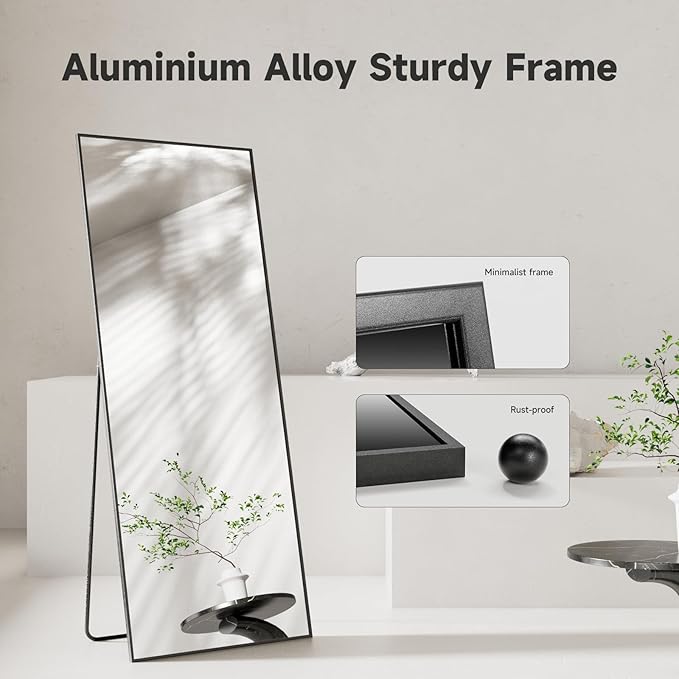 69"x24" Full Length Mirror,Black Tempered Glass Rectangle Floor Standing Mirrors, Wall Mounted Hanging Aluminum Alloy Frame Bedroom Floor