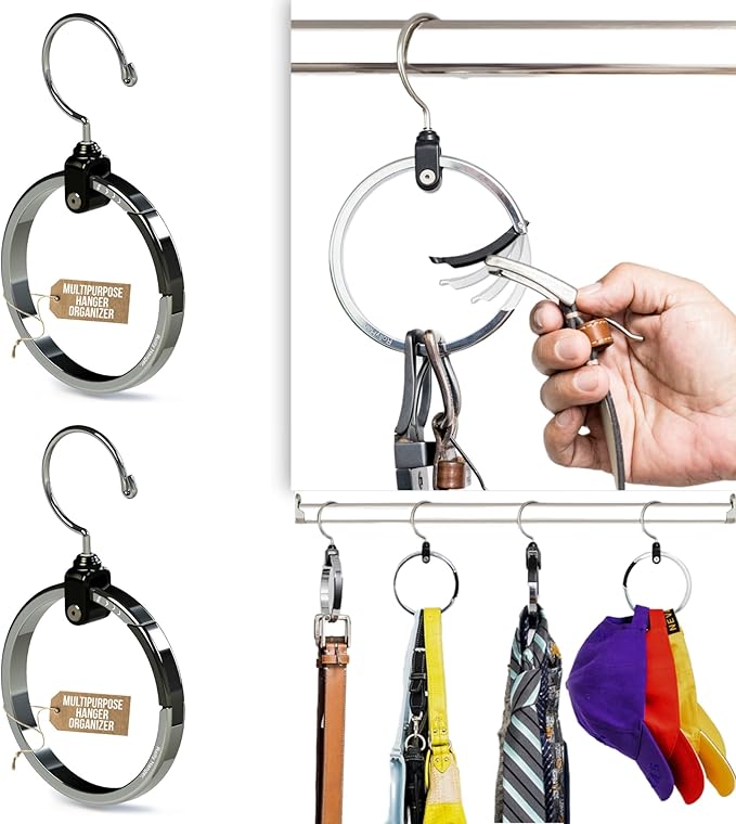 Multipurpose Closet Hangers- Tie and Belt Hanger for Closet- Great Space Saving Belt Organizer for Wardrobe - Ideal for Storing Belts, Ties, Scarfs, Baseball Hats, Purses & More- 2 Pack