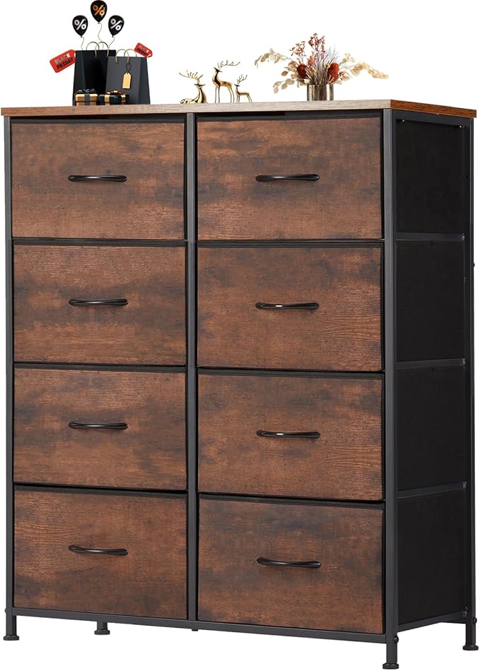 OLIXIS Dresser for Bedroom, 8 Storage Drawers, Tall Large Fabric Storage Tower Organizer, Chest of Drawers with Metal Frame Wooden Top for Nursery, Closet, Living Room, Entryway, Classic Rust Brown