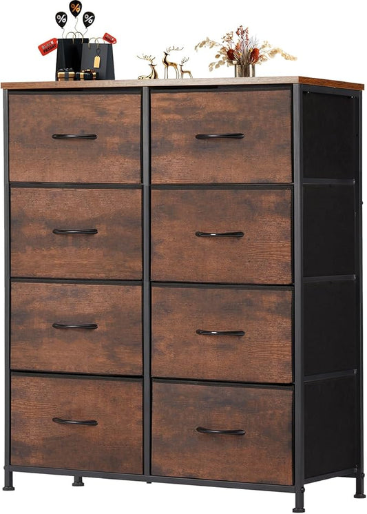 OLIXIS Dresser for Bedroom, 8 Storage Drawers, Tall Large Fabric Storage Tower Organizer, Chest of Drawers with Metal Frame Wooden Top for Nursery, Closet, Living Room, Entryway, Classic Rust Brown