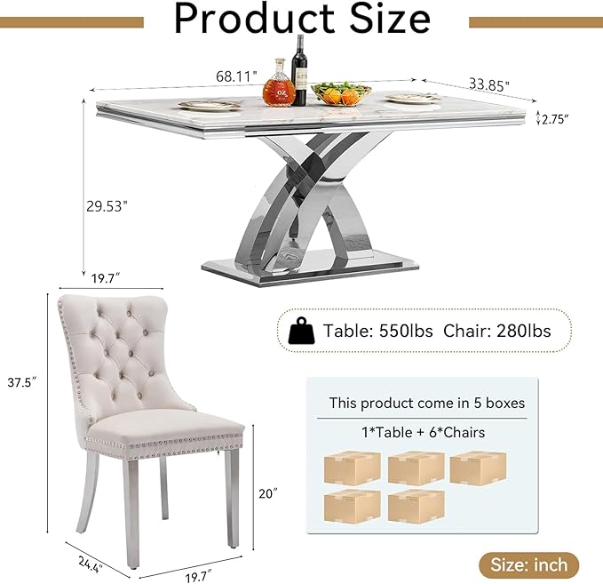 Goujxcy 68" Faux Marble Dining Table Set for 6, 7-Piece Dining Set with White Silver Kitchen Table and 6 Velvet Tufted Chairs, Modern Rectangular Dining Room Table with X-Shape Stainless Steel Base
