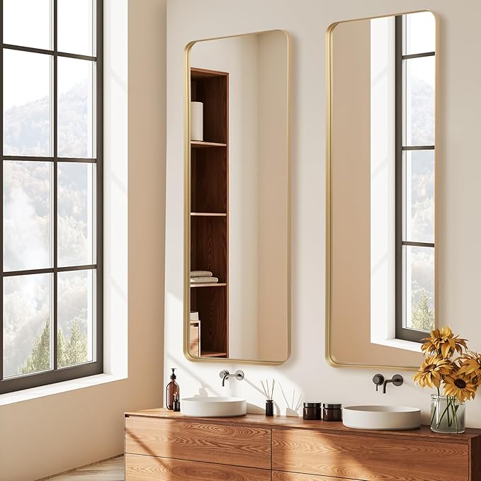 Rectangle Mirror Full Length 21" x 64" Large Floor Mirror Gold Metal Frame Wall Mounted Hanging Mirror for Home Decor Leaning Wall Full Body Dressing Mirror for Closet Bathroom Bedroom
