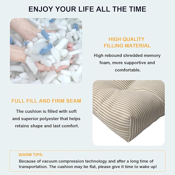 Set of 2 Outdoor Tufted Chair Cushions 19"x19"x4", Water Repellent Patio Seat Cushions with Ties, Replacement Chair Pads for Wicker Dining and Patio Furniture - Stripe Beige