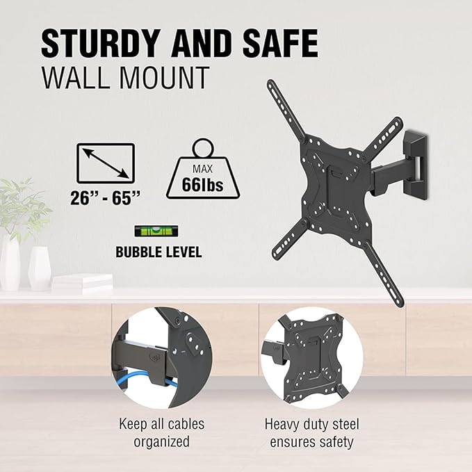 ELG Full Motion TV Wall Mount for TVs 26'' to 65'', Holds up to 66.1lbs, Articulating Arms Swivels Tilt Extension, Max VESA 400x400mm, FULL40, Steel, Black