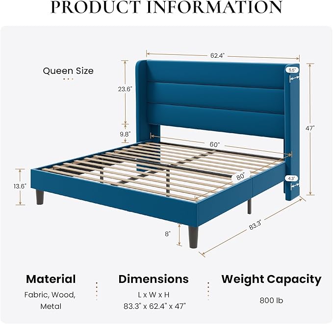 SHA CERLIN Queen Size Velvet Bed Frame/Vertical Channel Tufted Wingback Headboard/Upholstered Platform Bed with Wooden Slats/Mattress Foundation/No Box Spring Needed/Easy Assembly/Blue