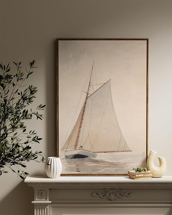InSimSea Framed Wall Art for Living Room - Large Canvas White Sailboat Seascape Watercolor Vintage Painting - Coastal Wall Art Prints for Office & Home Decor - 24x36in