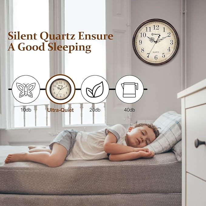 Geevon Vintage 14" Silent Wall Clock Non Ticking Analog Wall Clock Quartz Decorative Battery Operated Clock for Bedroom/Living Room/Kitchen/Office Decor