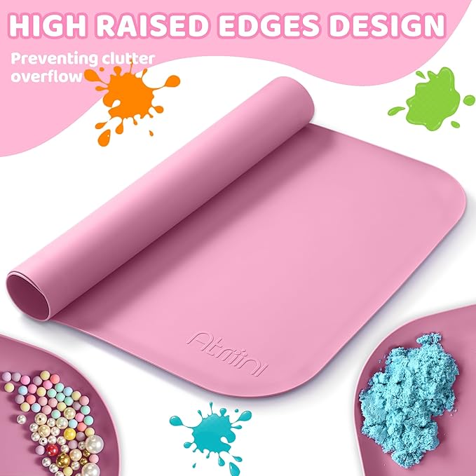 Silicone Craft Mats for Kids 24"x16"– with Raised Lip & Non-Slip | Reusable Silicone Art Mat for Play Sand, Painting, DIY Crafts | Durable Design (Pink)
