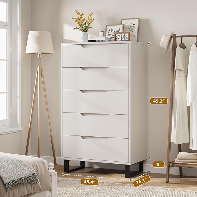 GarveeHome 5 Dresser for Bedroom, 50" Tall Dresser, Freestanding Vertical Drawer with Storage, Wooden Closet Chest Storage for Living Room, Hallway, Entryway, White
