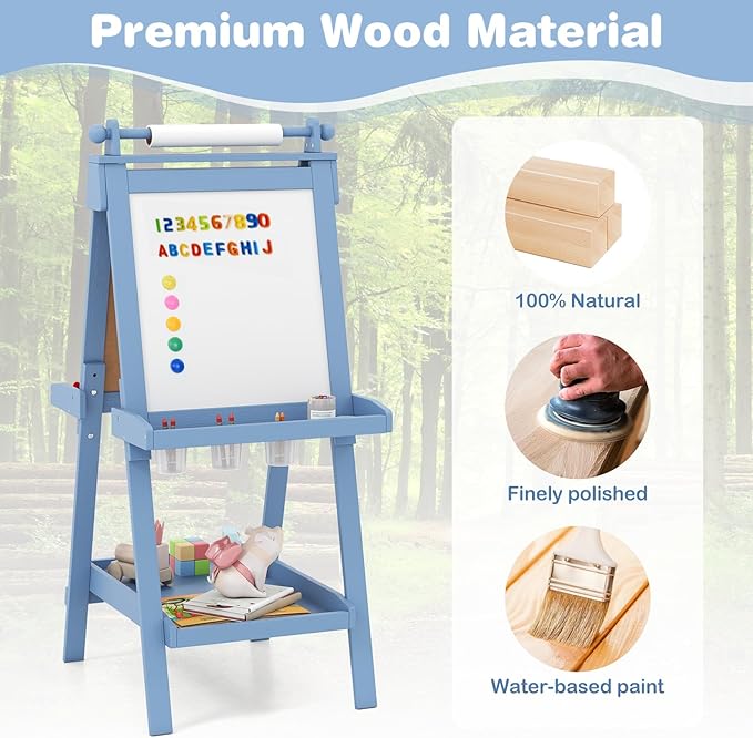 OLAKIDS Easel for Kids, 3 in 1 Adjustable Painting Art Board, Foldable Double-Sided Wooden Drawing Chalkboard Magnetic Whiteboard with Paper Roll, Storage Rack, Cups for Boy Girls (Blue)