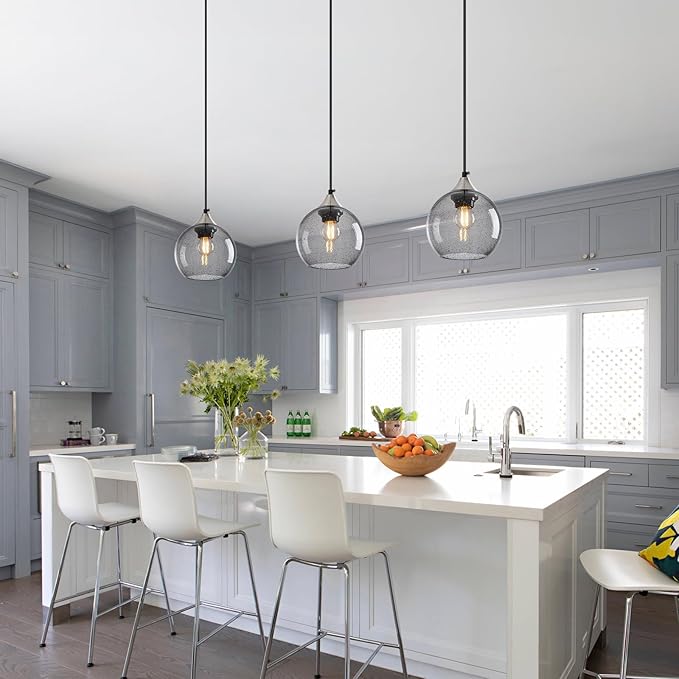 Light Grey Glass Pendant Lights Kitchen Island Globe Pendant Light Fixtures Modern Pendant Lighting for Bedroom Living Dining Room Light Fixture (5.9 in, 2 Pack)
