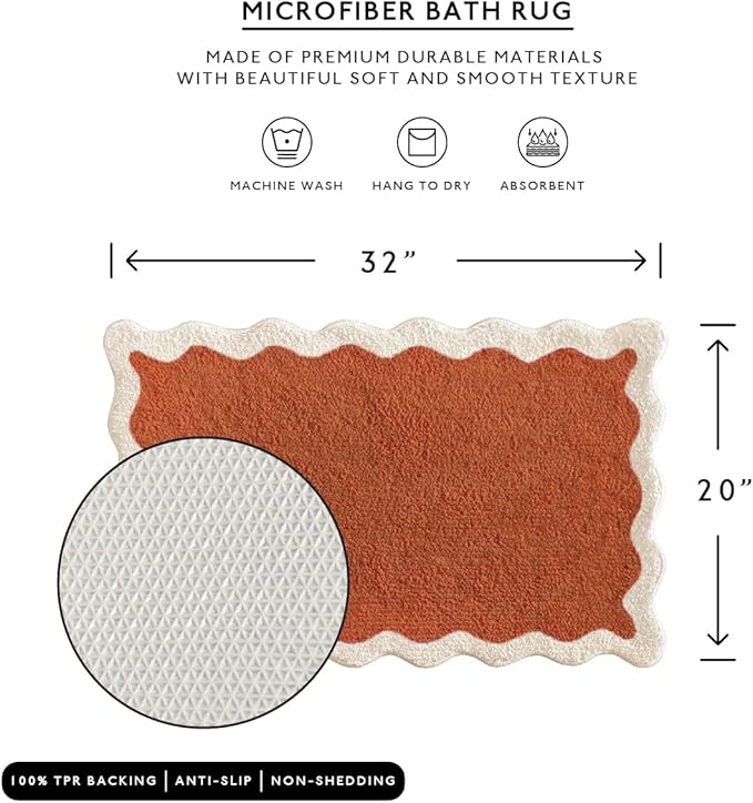 MONDAY MOOSE Bath Mat with Scalloped Wavy Ripple Design, Microfiber Absorbent Non Slip Tufted Rug for Floor, Shower or Kitchen (20x32 inch, Terracotta)