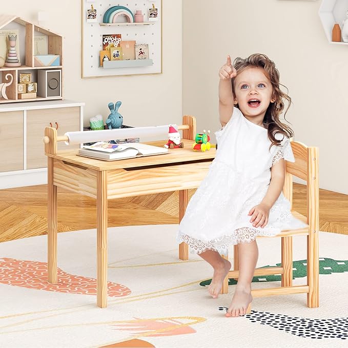 Costzon Kids Table and Chair Set, Flip Top Kids Art Craft Table w/Chair for Playroom Kindergarten, Toddler Drawing Writing Desk Set w/Paper Roll & 2 Markers, Gift for Boys Girls Ages 3+ (Natural)