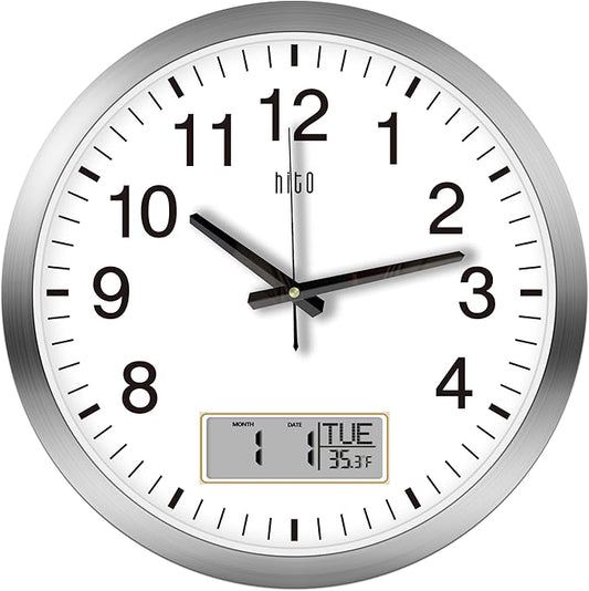 HITO 16 Inch Silent Wall Clock Battery Operated with Temperature and Date, Large Wall Clock for Living Room Decor, Office, Classroom, Bedroom