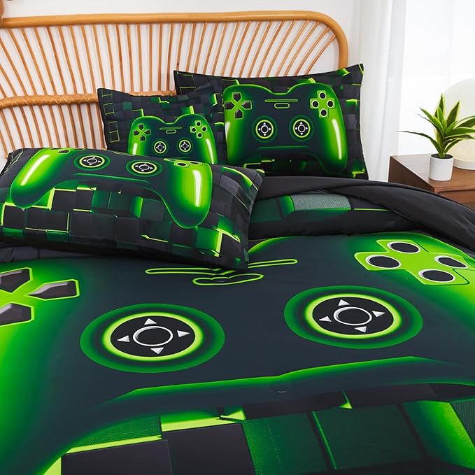 PERFEMET 6 Pcs Full Size Gamer Comforter Set Boys Green Game Console Bedding Set for Kids Teen 3D Black Video Gaming Pattern Bed in A Bag for All Seasons(Green, Full)