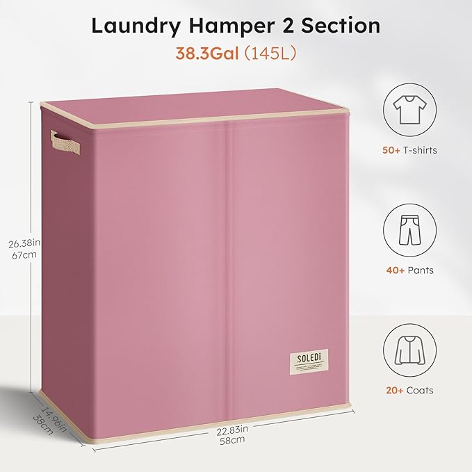 SOLEDI Large Double Laundry Hamper with Lid, Collapsible Clothes Hamper 2 section with Removable Bags, Space-Saving Laundry Basket for Bedroom, Dorm, College