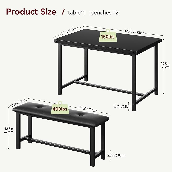 Dining Table Set for 4, Dining Room Table Set with 2 Upholstered Benches, Small Kitchen Table Set, 3 Piece Farmhouse Rectangular Dining Room Table Set, Space Saving Dining Table for Apartment