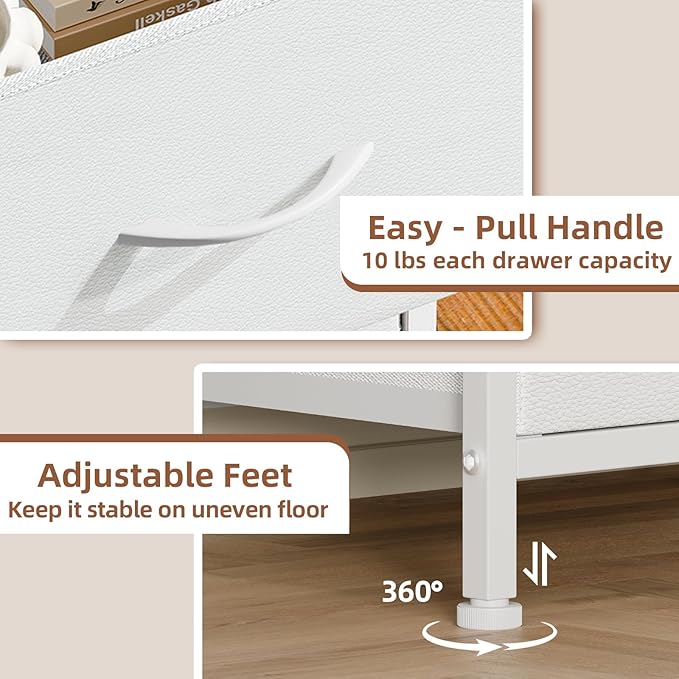 Somdot White Nightstand Set of 2, Small Dresser for Bedroom with 2 Drawers, Bedside Table Night Stand End Table with Fabric Bins for Bedroom Kids Closet Dorm Guest Room, White Leather
