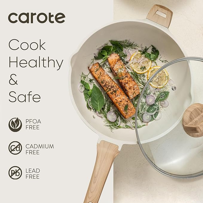 CAROTE 12.5Inch Nonstick Deep Frying Pan with Lid, 6.5 Qt Jumbo Cooker Saute Pan with Pour Spout, Skillet Induction Cookware, Non Stick Cooking Pan Kitchen Pan PFOA Free, White Granite