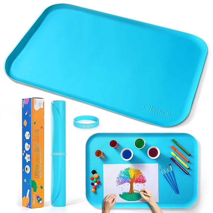 Silicone Craft Mats for Kids 24"x16"– with Raised Lip & Non-Slip | Reusable Silicone Art Mat for Play Sand, Painting, DIY Crafts | Durable Design (Blue)