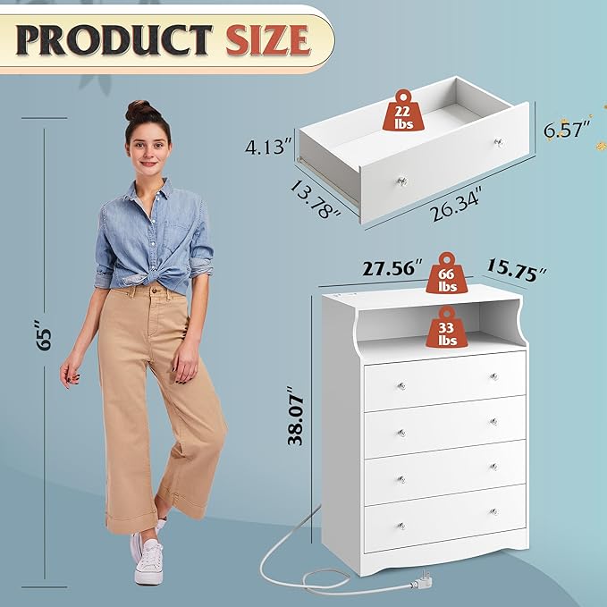 WLIVE White LED Dresser for Bedroom, Tall Wood Dresser with 4 Drawers and Open Shelf, Chest of Drawers with Charging Station and LED Lights for Living Room, Hallway, Closet