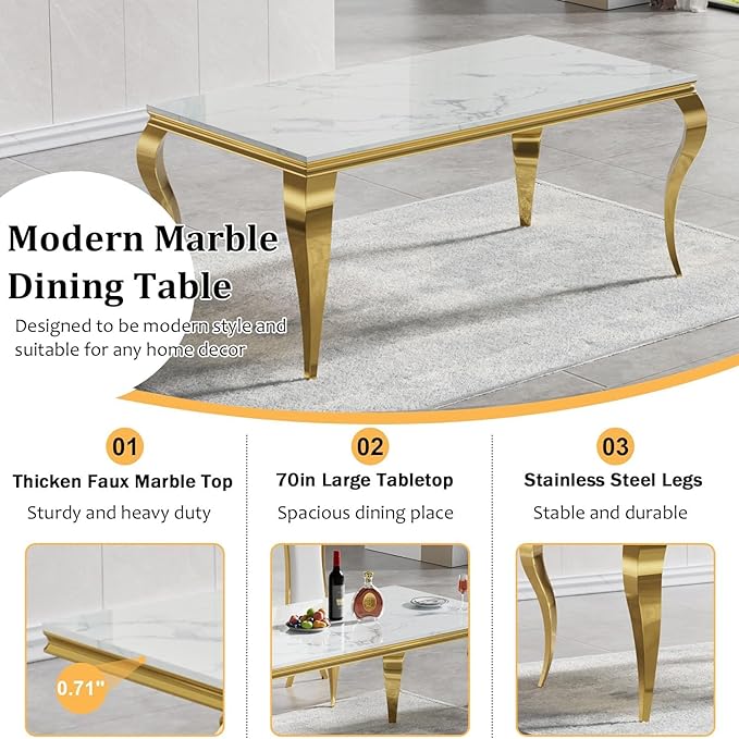 70" Marble Dining Table Set for 6, Modern 7 Piece Dining Room Table Set with White Faux Marble Dining Table & 6 Blue Velvet Upholstered Chairs, Luxury Gold Kitchen Table Chairs Set of 6