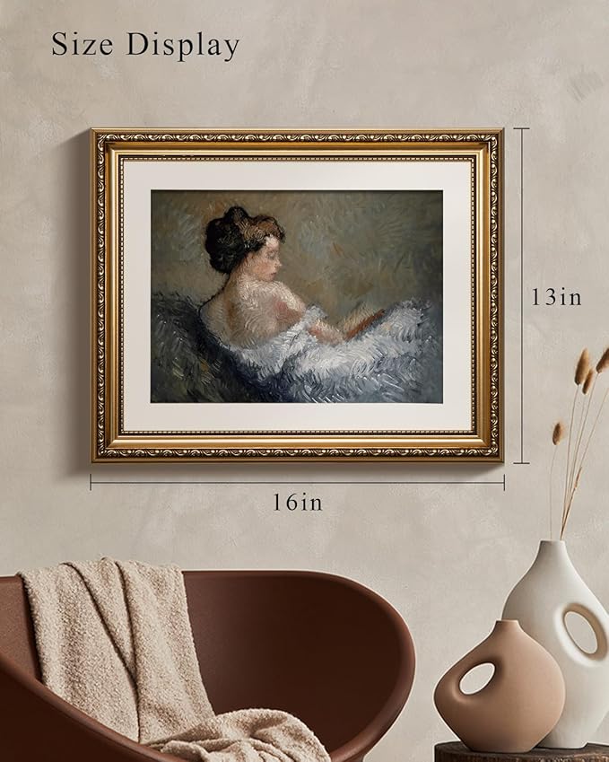 VIYYIEA Gold Framed Wall Art Canvas Print Home Decor Portrait Wall Art Sitting Woman Vintage Decor Room Aesthetic Mid Century Lady Elegant Farmhouse Painting Wall Decor for Bedroom Bathroom 13x16in
