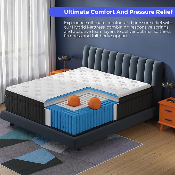 Queen Mattress, 12 Inch Hybrid Mattress in a Box with Gel Memory Foam and Pocket Spring, Medium Firm Feel, Cooler Sleep & Pressure Relief, 60 * 80 * 12, 120 Nights Risk-Free Trial