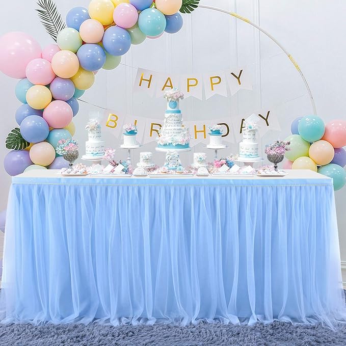 Baby Blue Table Skirt for Baby Shower Boy 6ft Light Blue Tulle Tutu Table Cloth for Elephant Birthday Party Ocean Baby Shark Gender Reveal Wedding Bridal Shower Cake Table Decorations
