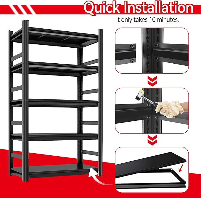 Garage Shelving - 5 Tier Adjustable Storage Shelves, Heavy Duty Metal Storage Utility Rack Shelf Unit for Warehouse Pantry Closet Kitchen, Black, 32" W X 16" D X 63" H