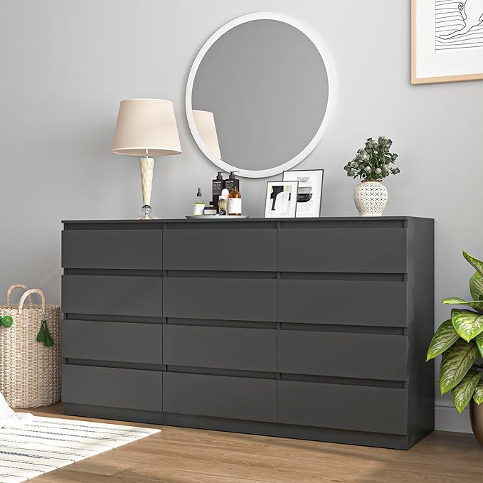 Black Dresser for Bedroom,Modern Long 12 Drawer Dresser with Deep Drawer,Wood Storage Chest of Drawer, Bedroom Storage Organizer,TV Stand for Living Room