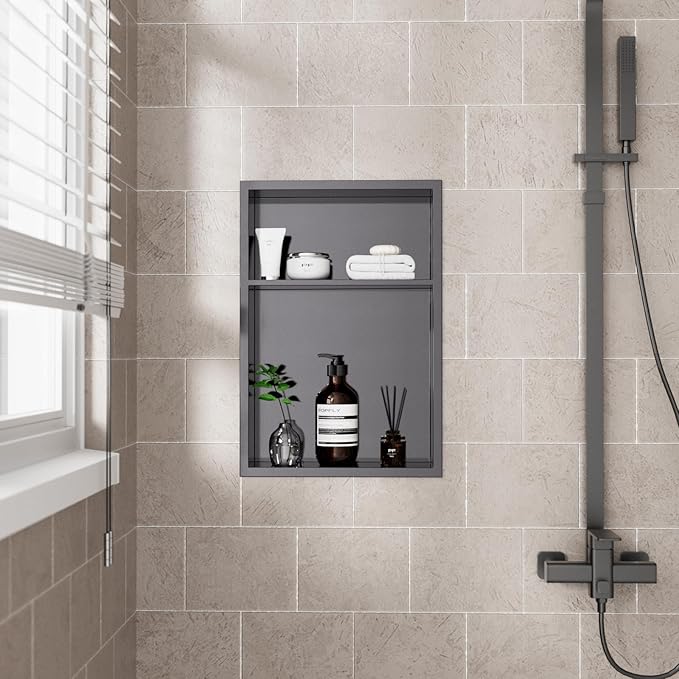 POPFLY 12"x18" Stainless Steel Shower Niche, Recessed Bathroom Storage with Double Shelves, No Tile Needed 2 Level Insert Corners Wall Niche for Shower Room, Dark Grey