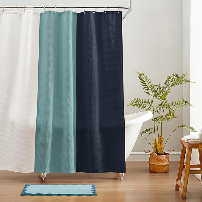 MONDAY MOOSE Bath Mat with Scalloped Wavy Ripple Design, Microfiber Absorbent Non Slip Tufted Rug for Floor, Shower or Kitchen (16x24 inch, Blue)