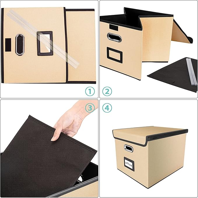 Huolewa File Organizer Box with Lid, Collapsible File Folder Organizer for Office Document Storage, Filing Box with Plastic Slide for Letter/Legal Size Hanging Files, Brown, 2 Pack