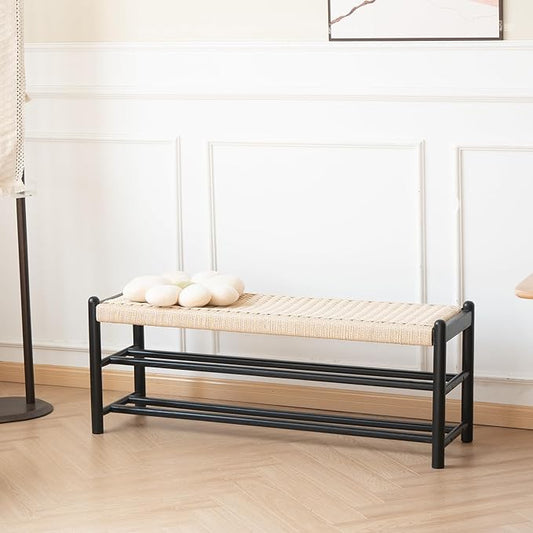 Solid Wood Entryway Bench with Shoe Storage, Rustic Oak Wood and Woven Design 45 Inch Long Seating for Living and Dining Rooms, 3-Tier Black