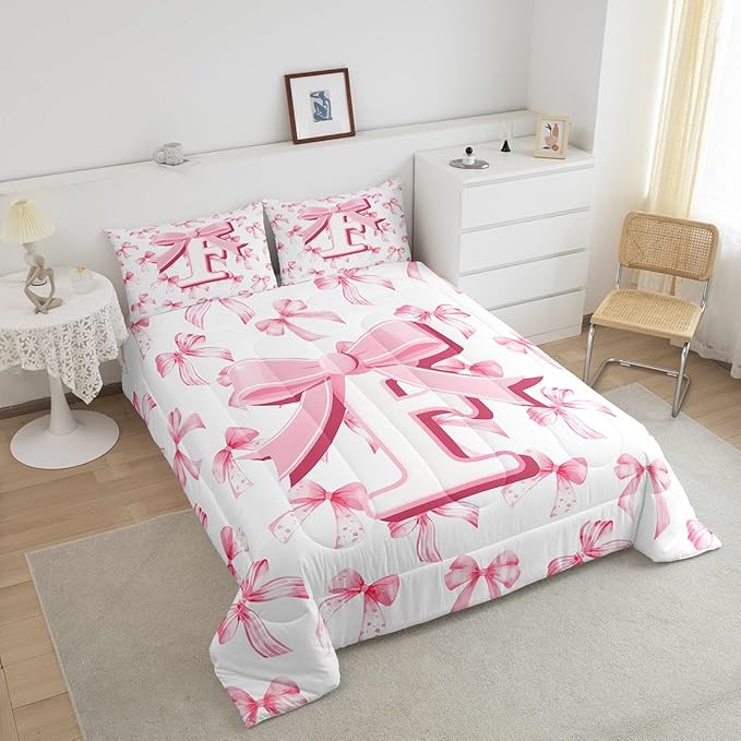 jejeloiu Kids Girls Cute Pink Bow Comforter Set Twin Size Monogrammed Bedding Set Ultra Soft Personalized Initial F Duvet Quilt Coquette Bow Knot Quilt Set Room Decor Modern Fashion Comforter