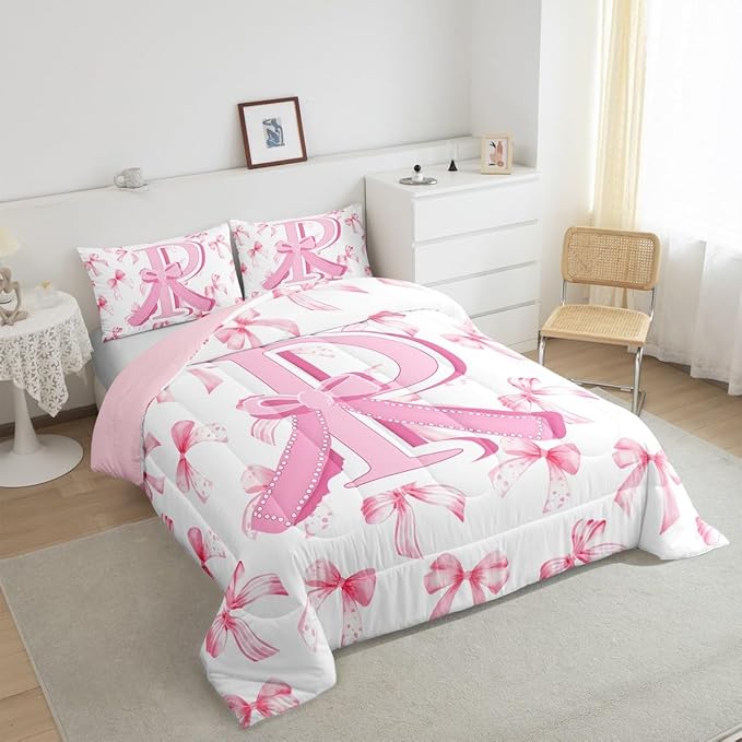 jejeloiu Kids Girls Cute Pink Bow Comforter Set King Size Monogrammed Bedding Set Ultra Soft Personalized Initial P Duvet Quilt Coquette Bow Knot Quilt Set Room Decor Modern Fashion Comforter