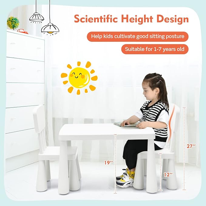 LDAILY Kids Table and Chairs, 3-Piece Children Arts Nursery Furniture for Drawing, Reading, and Painting, Light Weight Plastic Activity Kids Desk and Chair Set for Playroom, Kindergarten (White)