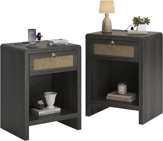 Rattan Nightstand Set of 2, Nightstand with Charging Station, Boho Bedside Table End Table with Drawer and Storage Shelf, Wood End Table Night Stand for Bedroom, Small Space, Grey Oak
