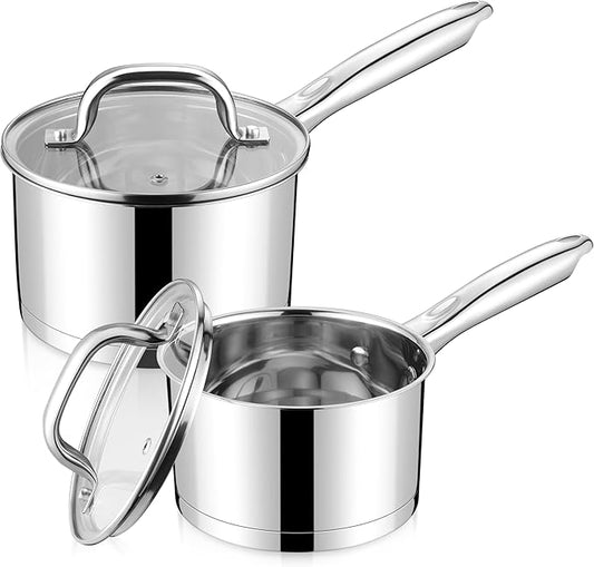 LIANYU Sauce Pan Set with Lid, 1 QT & 2 QT Stainless Steel Saucepan Pot Set, Tri-Ply Bottom Small Pot for Kitchen Cooking, Dishwasher Safe, Compatible with All Cooktops