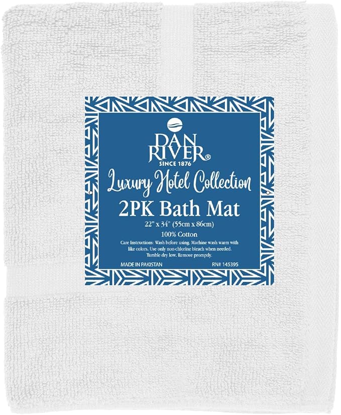 DAN RIVER Classic Bath Mat - White, 100% Ring Spun Cotton, Pack of 2, 21x34 inches, 800 GSM, Non-Slip, Absorbent, Quick Drying, Machine Washable Bathroom Floor Mats for Shower, Kitchen & Bath