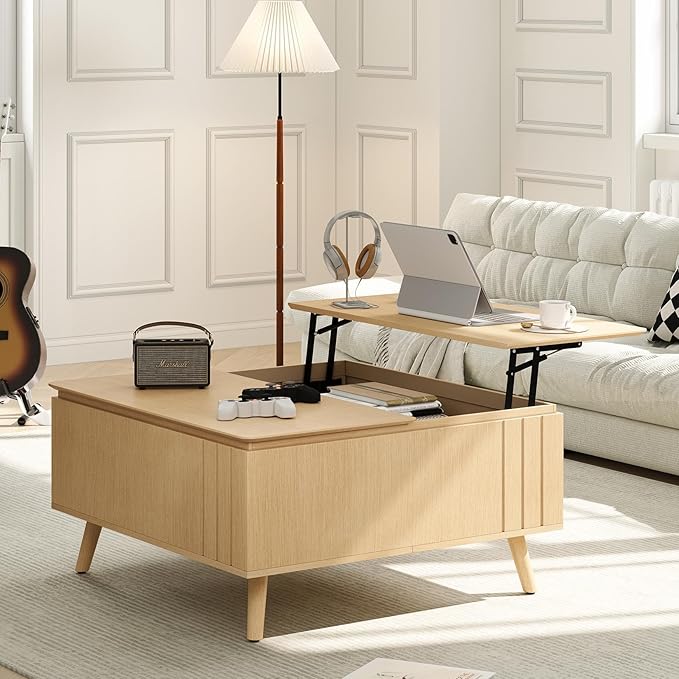 36.2" Lift Top Coffee Table with Storage, Large Square Coffee Tables with Hidden Compartment, Mid Century Modern Center Table for Home Office,Living Room,Oak