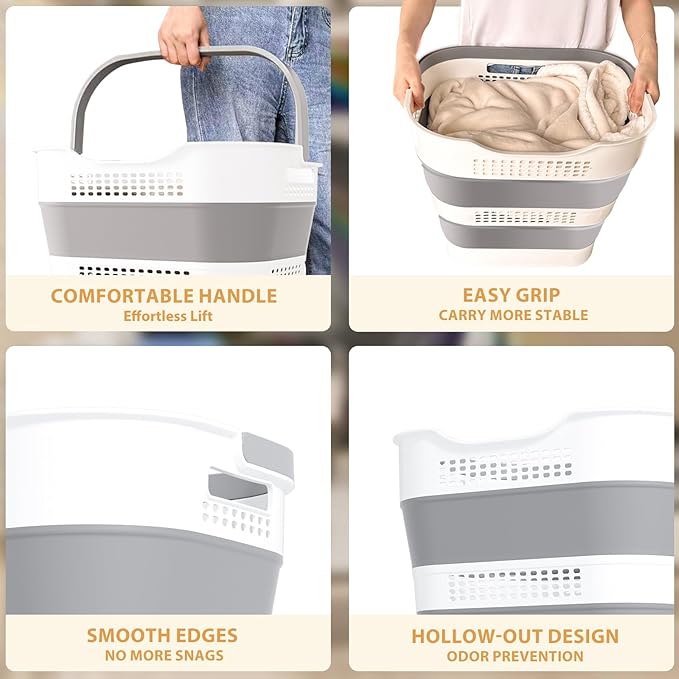 43L(11.5Gallon) Collapsible Laundry Basket with Handles, Foldable Laundry Basket Plastc,Pop Up Tall Storage Container/Organizer/Clothes Hamper for Laundry (Grey,1 Pack)