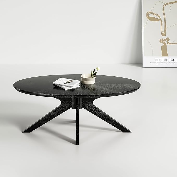 Farini Office Coffee Table, 47" Wood Coffee Tabletop with Wood Frame,Oval Coffee Table for Living Room,Bedroom,47 Inch,Black Tabletop and Frame