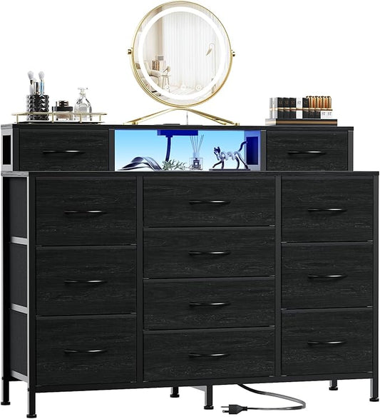 Furnulem Black Dresser for Bedroom with LED Lights & Charging Station,47"W Dressers in Closet,Long Chest with 12 Storage Drawers,TV Stand Fabric Furniture for Hallway,2-Tier Shelf Wood Top,Metal Frame