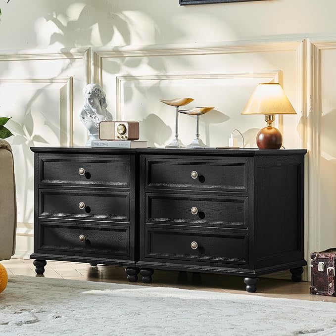 Farmhouse Nightstand with Charging Station, 24" Wide End Table with 3 Drawers,Black Wood Dresser for Bedroom, Bed Side Table Chest of Drawers Cabinet,Night Stand for Living Room, Closet