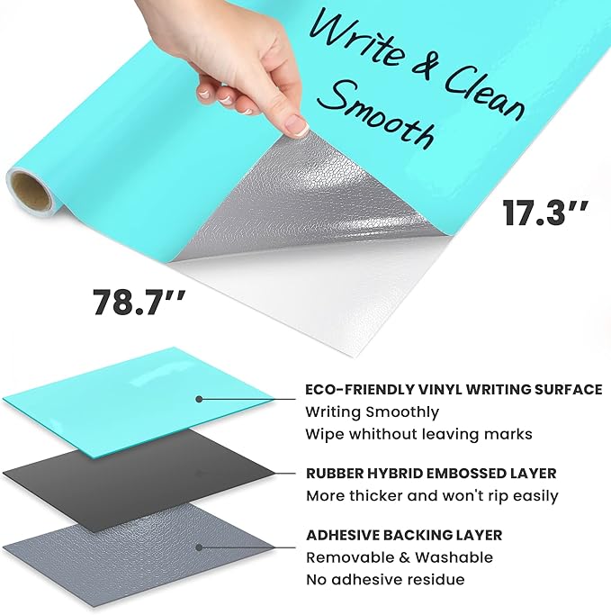 T&W SAME FILM White Board Dry Erase-Colorful Whiteboard Wall Sticker Roll 17.3''X78.7''-Self Adhesive Dry Erase Paper for Desk/Glass/Fridge/Office/Door/Classroom/Kids/Adults-3 Markers-Blue