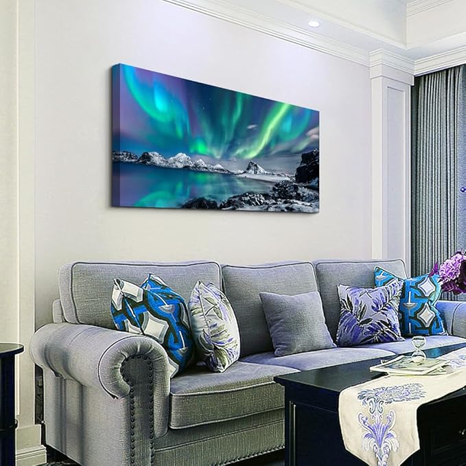 Wapluam Farmhouse Canvas Wall Art For Living Room, Bedroom & Office Decor - Blue Aurora Scenery Painting, Stretched & Framed, Ready To Hang