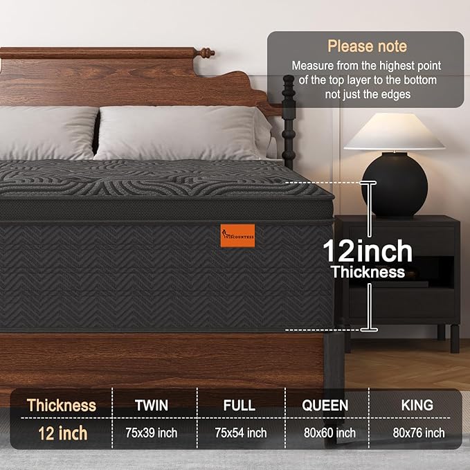 Full Size Mattress, 12 Inch Hybrid Mattresses with Durable Support, Motion Isolation & Individually Poctet, 100 Night Trial, Dark Grey