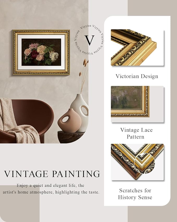 VIYYIEA Gold Framed Wall Art Canvas Print Home Decor Rose Vintage Botanical Prints Room Decor Flower Paintings Canvas Art Pictures Wall Decor Floral Wall Art for Living Room Bedroom Office 11x14in